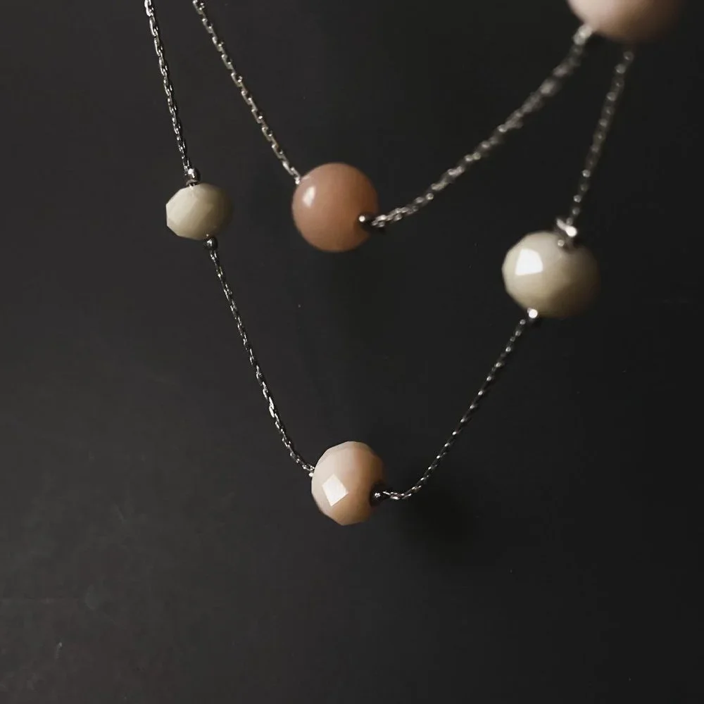 38" LOFT Pastel Pink Champagne Beaded Silver Chain Boho Double Strand Necklace - Picture 8 of 11